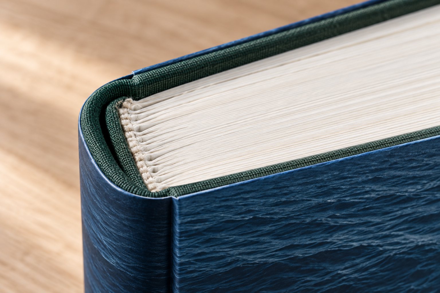 Close-up of a book’s top edge showing the sewn sections of pages beneath the dust jacket
