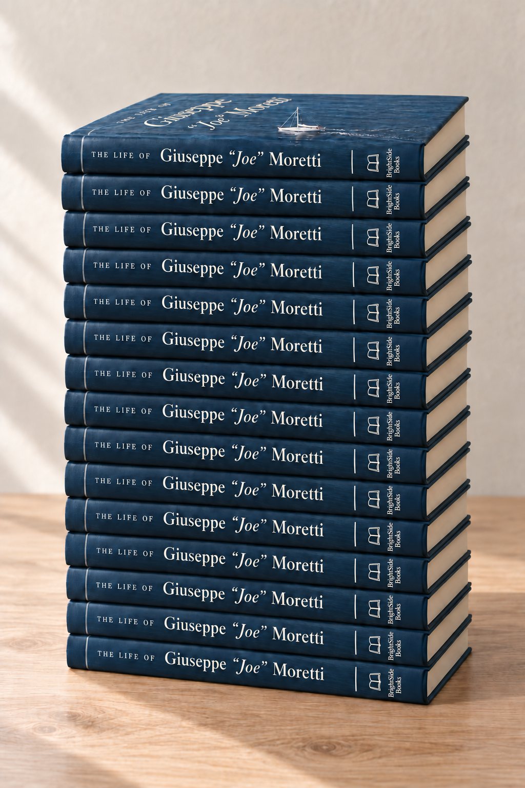 A stack of fifteen identical hardcover copies of the same book