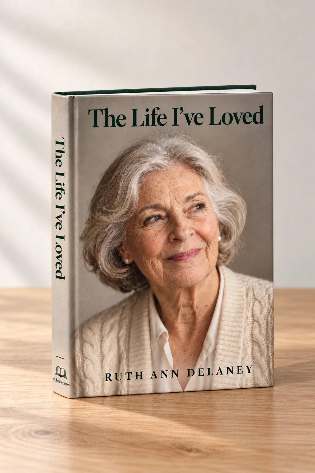 A hardcover life story book titled The Life I’ve Loved, in a printed dust jacket with a portrait on the cover, standing on an oak table