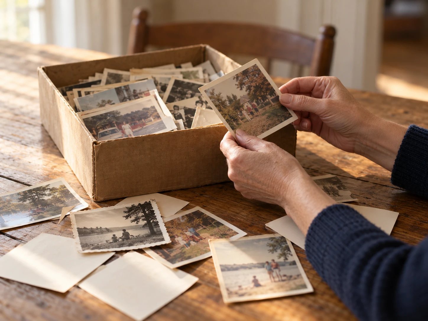 Hands holding an old family photograph above a cardboard box of loose prints on a kitchen table
