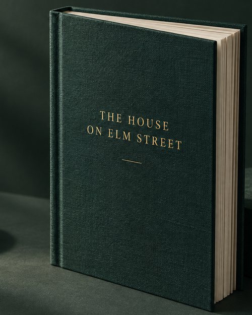 A deep green clothbound hardcover with a gold foil title, standing upright on a dark table.