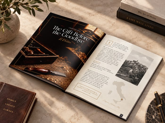 An open hardcover book on a stone table: a full-page photograph on the left, and a page of text beside a black-and-white photograph on the right.