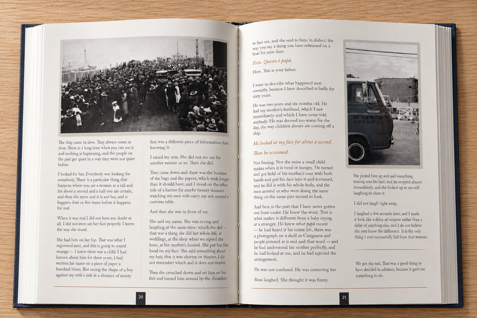 An open book showing two pages of a life story, with a photograph of a crowded pier and a photograph of a delivery van beside the text