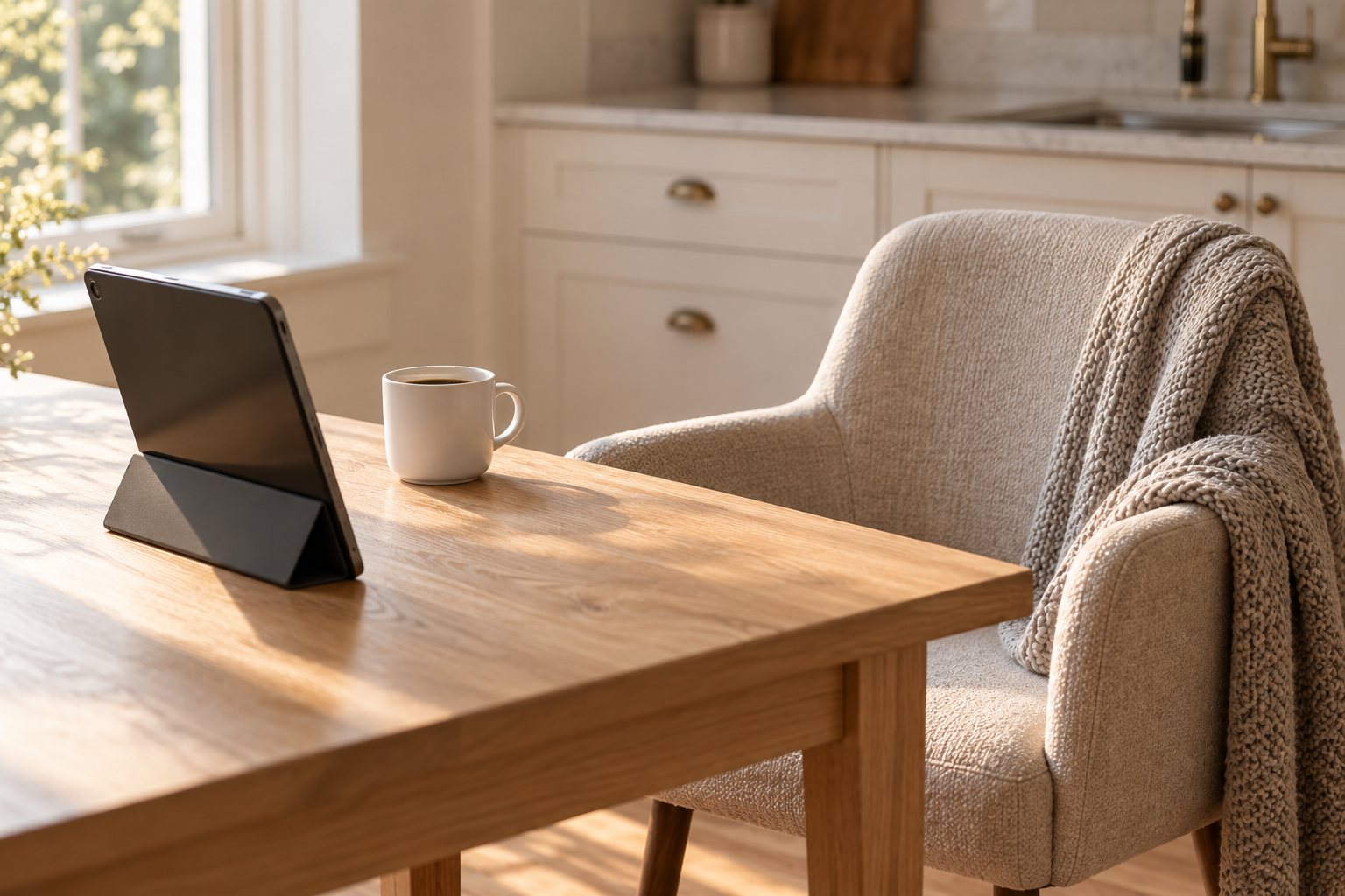 A tablet on a kitchen table facing an armchair with a knitted throw, set up for a video conversation