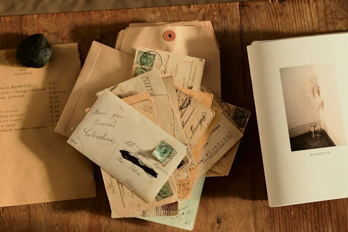 Old envelopes, stamps and a photograph card spread on a wooden table.