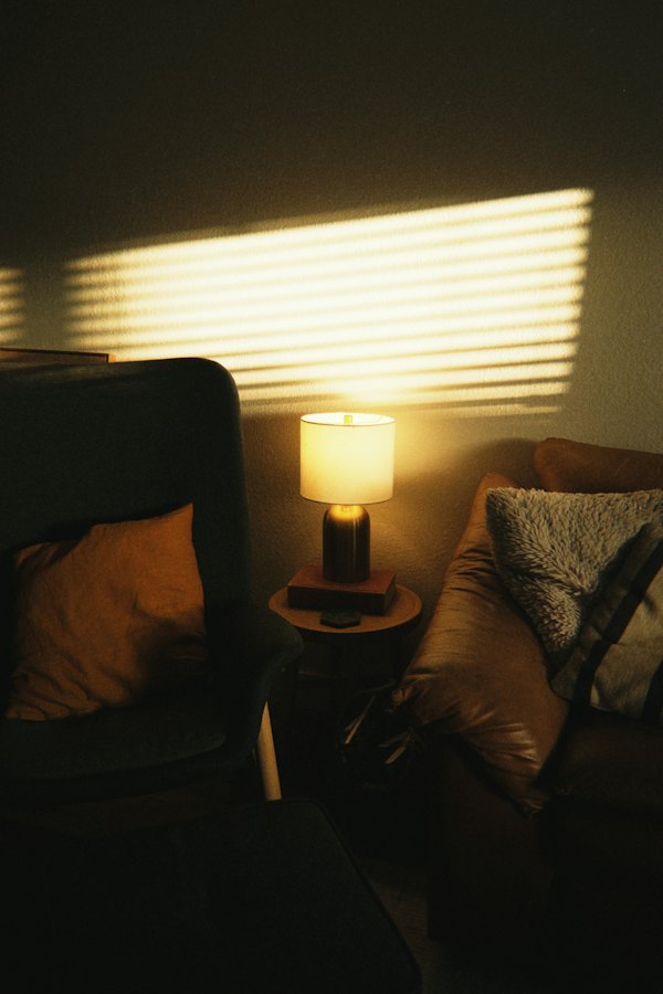 A lamp glowing beside an armchair in a dim room, light striping the wall.