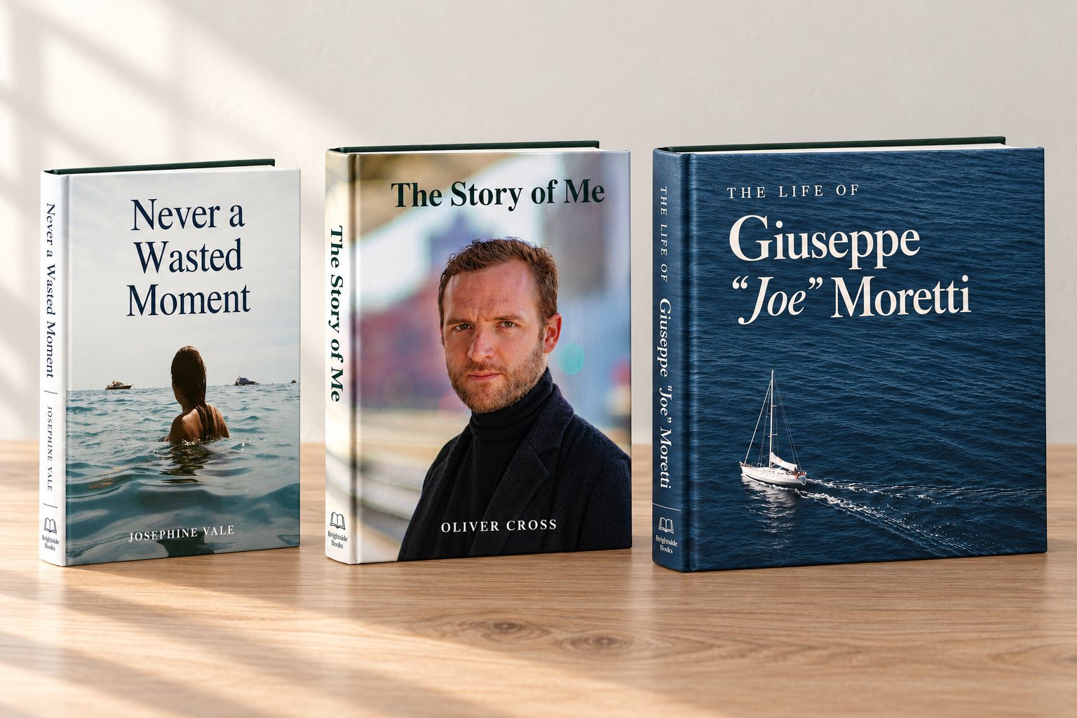 Three life story books side by side, showing the three edition sizes