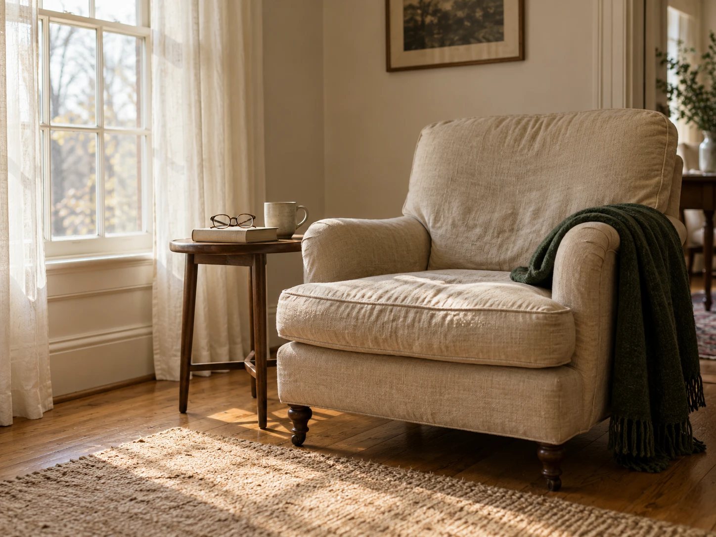 An empty armchair by a window in morning light, with a green throw over one arm and reading glasses resting on a book beside it